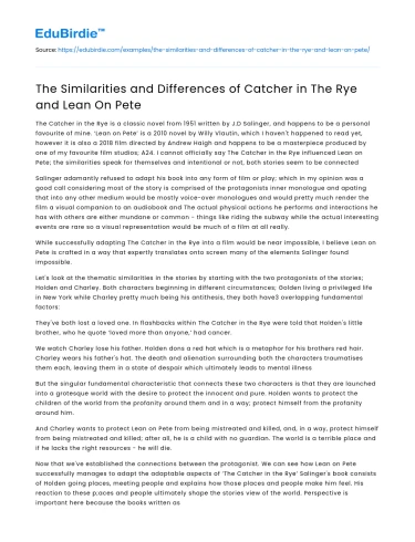 The Similarities and Differences of Catcher in The Rye and Lean On Pete