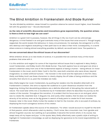 The Blind Ambition In Frankenstein And Blade Runner