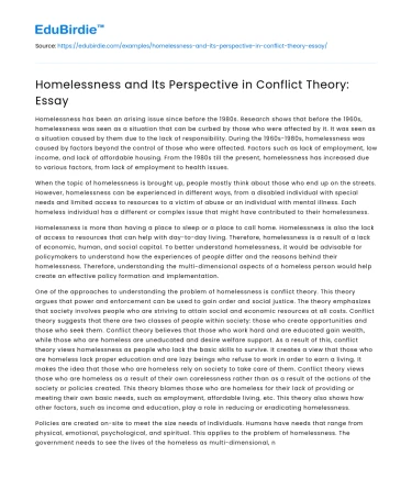 Homelessness and Its Perspective in Conflict Theory: Essay