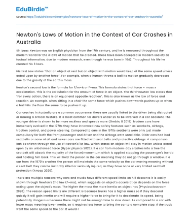 Newton’s Laws of Motion in the Context of Car Crashes in Australia