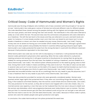 Critical Essay: Code of Hammurabi and Women’s Rights