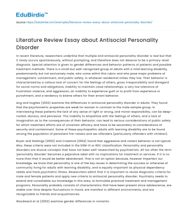 Literature Review Essay about Antisocial Personality Disorder