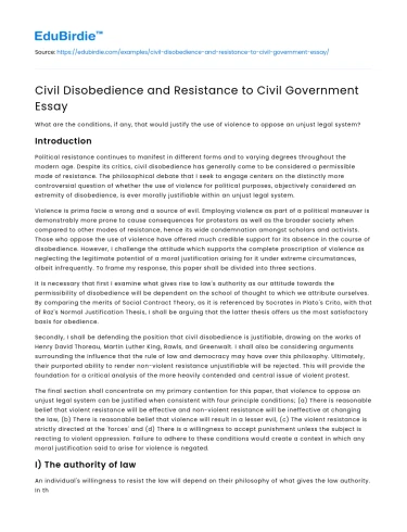 Civil Disobedience and Resistance to Civil Government Essay
