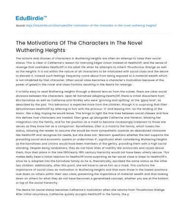 The Motivations Of The Characters In The Novel Wuthering Heights