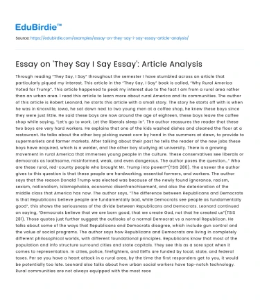 Essay on ‘They Say I Say Essay’: Article Analysis