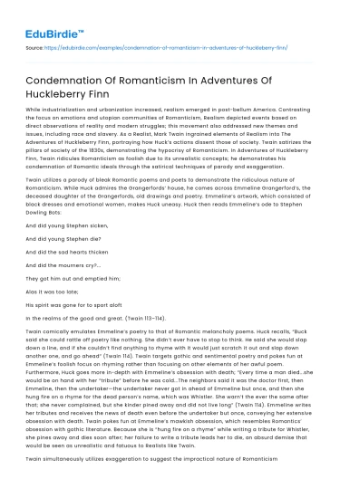 Condemnation Of Romanticism In Adventures Of Huckleberry Finn