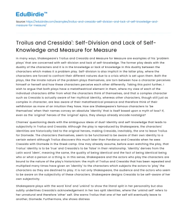 Troilus and Cressida: Self-Division and Lack of Self-Knowledge