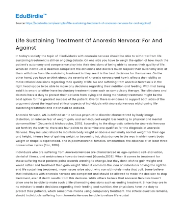 Life Sustaining Treatment Of Anorexia Nervosa: For And Against