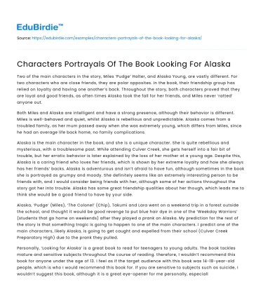 Characters Portrayals Of The Book Looking For Alaska