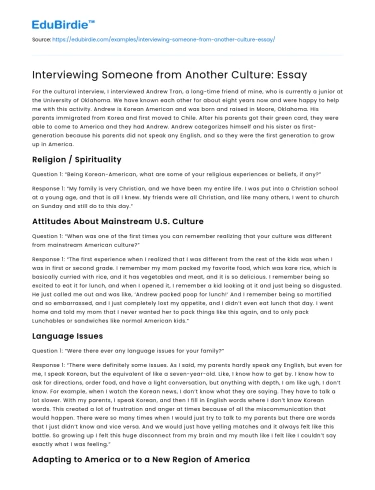 Interviewing Someone from Another Culture: Essay
