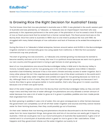 Is Growing Rice the Right Decision for Australia? Essay