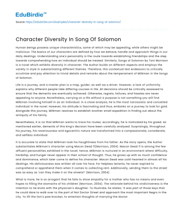 Character Diversity In Song Of Solomon