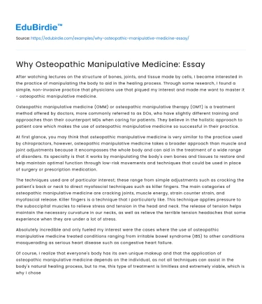 Why Osteopathic Manipulative Medicine: Essay