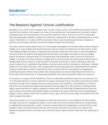 The Reasons Against Torture Justification