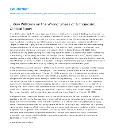 J. Gay Williams on the Wrongfulness of Euthanasia: Critical Essay