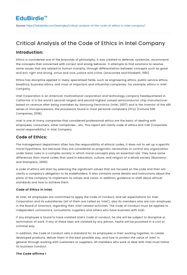 Critical Analysis of the Code of Ethics in Intel Company