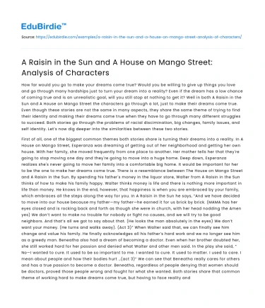 A Raisin in the Sun and A House on Mango Street: Analysis of Characters