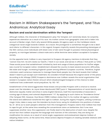Racism in Shakespeare’s The Tempest and Titus Andronicus: Analysis
