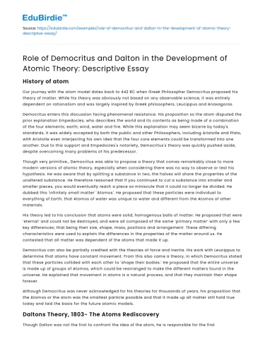 Democritus and Dalton’s Role in Atomic Theory
