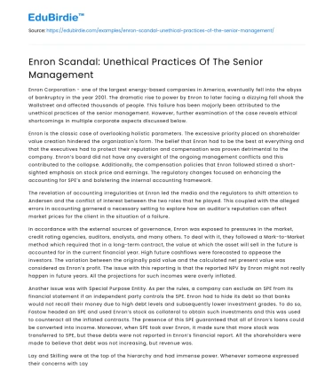 Enron Scandal: Unethical Practices Of The Senior Management