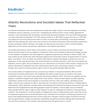 Atlantic Revolutions and Socialist Ideals That Reflected Them