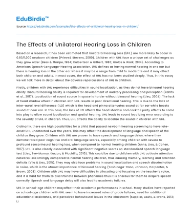 The Effects of Unilateral Hearing Loss in Children