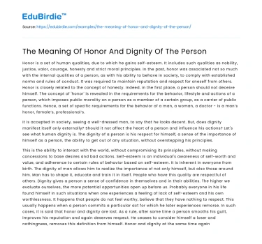 The Meaning Of Honor And Dignity Of The Person