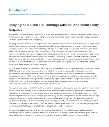 Bullying As a Cause of Teenage Suicide: Analytical Essay