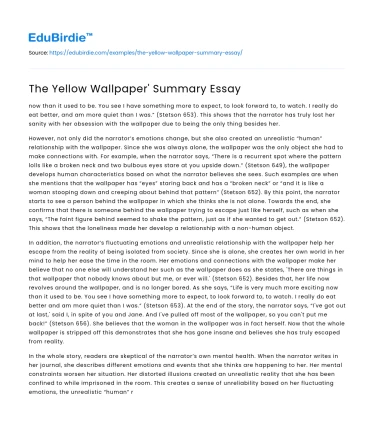 The Yellow Wallpaper’ Summary Essay