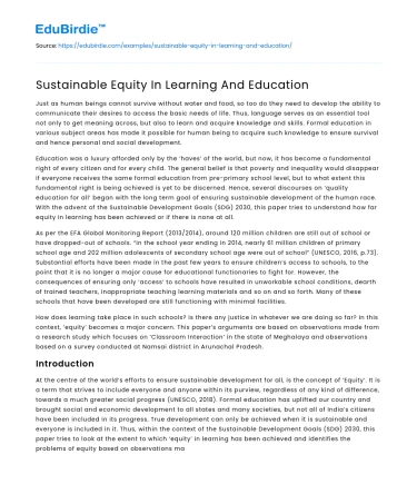 Sustainable Equity In Learning And Education
