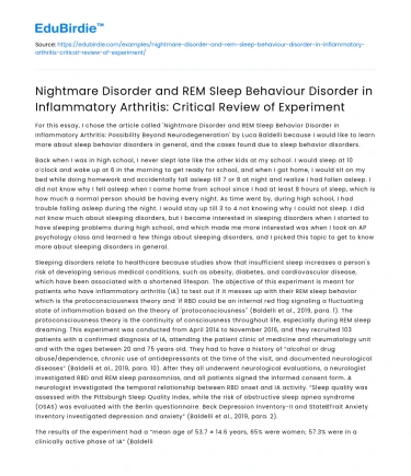 Nightmare Prevalence and REM Disorder in Arthritis