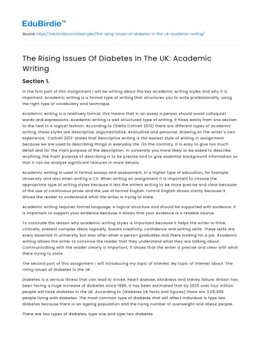 The Rising Issues Of Diabetes In The UK: Academic Writing