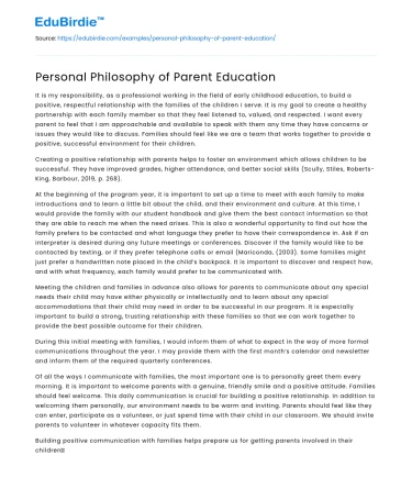 Personal Philosophy of Parent Education