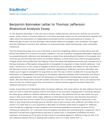 Benjamin Banneker Letter to Thomas Jefferson: Rhetorical Analysis