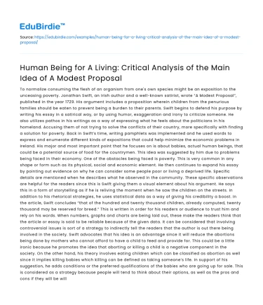 Critical Analysis of A Modest Proposal: Human Being for a Living