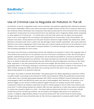 Use of Criminal Law to Regulate Air Pollution in The UK
