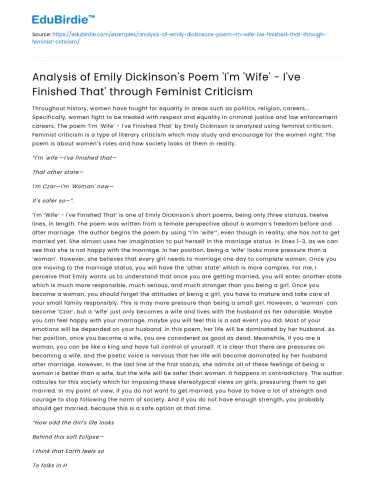 Feminist Analysis of Dickinson’s I’m Wife—I’ve Finished That