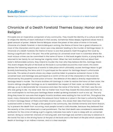 Chronicle of a Death Foretold Themes Essay: Honor and Religion