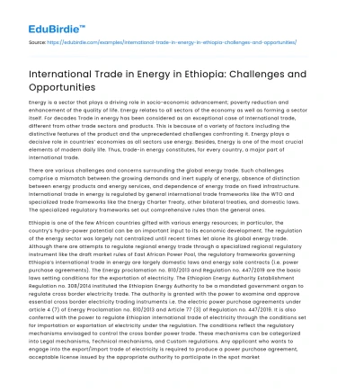 International Trade in Energy in Ethiopia: Challenges and Opportunities