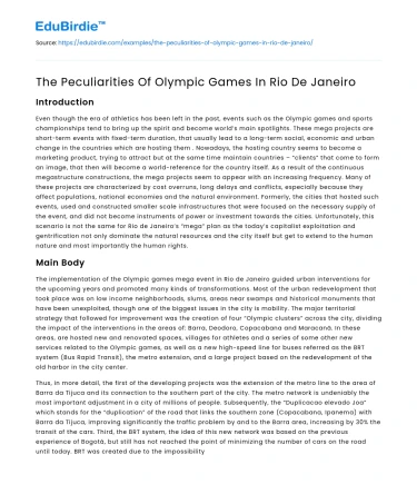 The Peculiarities Of Olympic Games In Rio De Janeiro