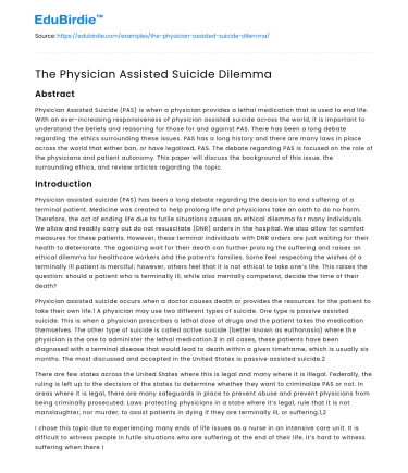 The Physician Assisted Suicide Dilemma
