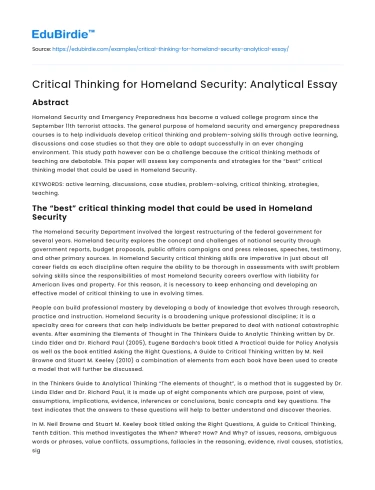 Critical Thinking for Homeland Security: Analytical Essay