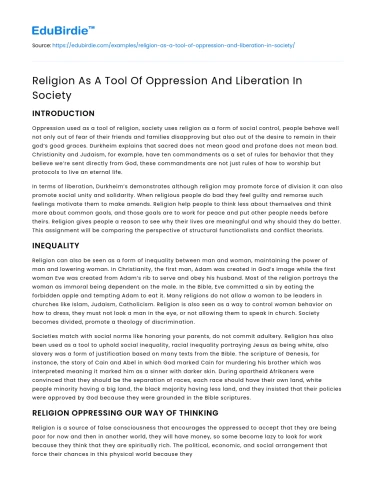 Religion As A Tool Of Oppression And Liberation In Society