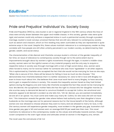 Pride and Prejudice’ Individual Vs. Society Essay