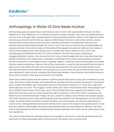 The Anthropological Lens in Zora Neale Hurston’s Literature