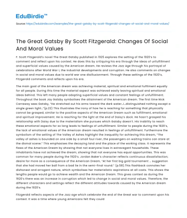 The Great Gatsby By Scott Fitzgerald: Changes Of Social And Moral Values