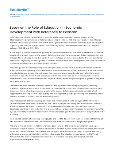 Education’s Role in Economic Development: Pakistan’s Perspective