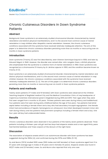 Chronic Cutaneous Disorders In Down Syndrome Patients