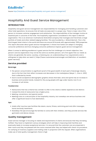 Hospitality And Guest Service Management