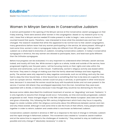 Women In Minyan Services In Conservative Judaism
